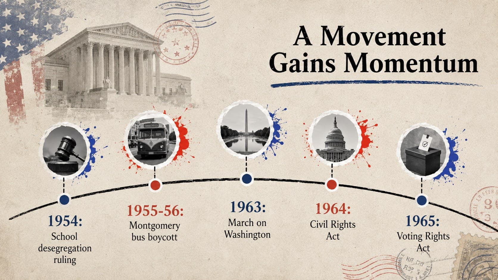Civil rights timeline presentation showing pivotal events from legal challenges to voting rights victories.