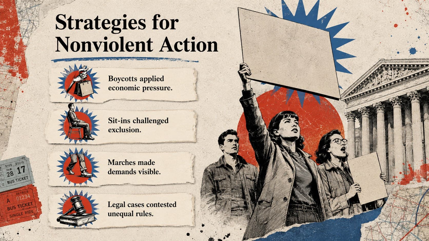 Social justice history presentation slide comparing boycotts, sit-ins, marches, and legal challenges.