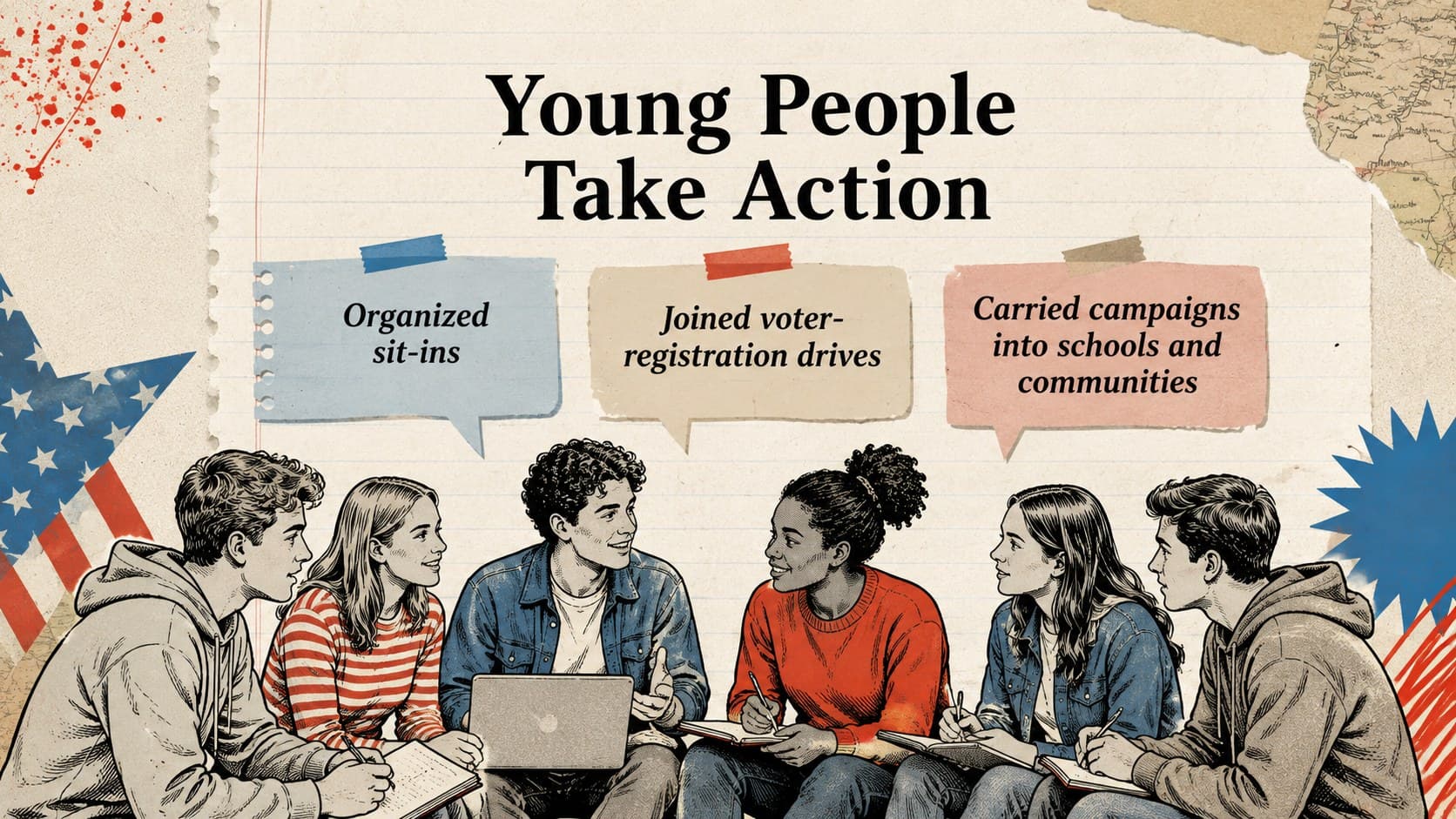 Civil rights era lesson slide highlighting the contributions of students and young activists.