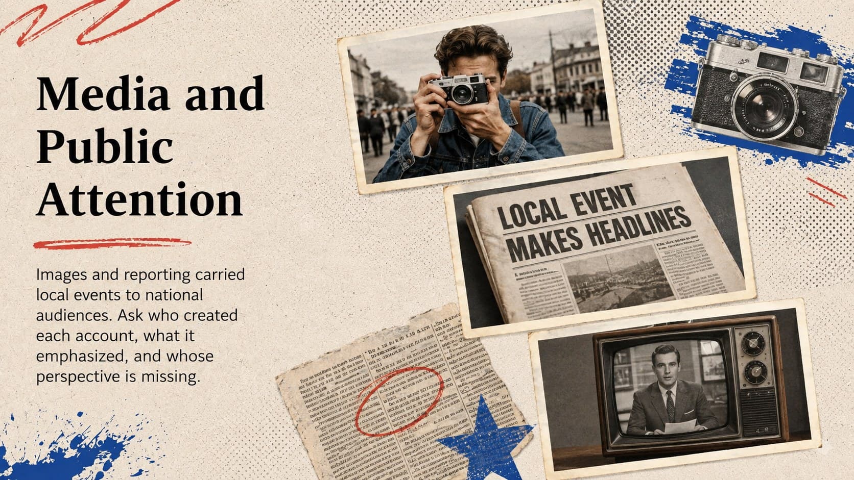 Civil rights media analysis slide examining how photographs, newspapers, and television shaped public response.