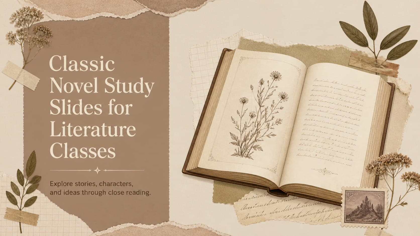Vintage literature lesson cover introducing classic novel study slides with a warm scrapbook-inspired design.
