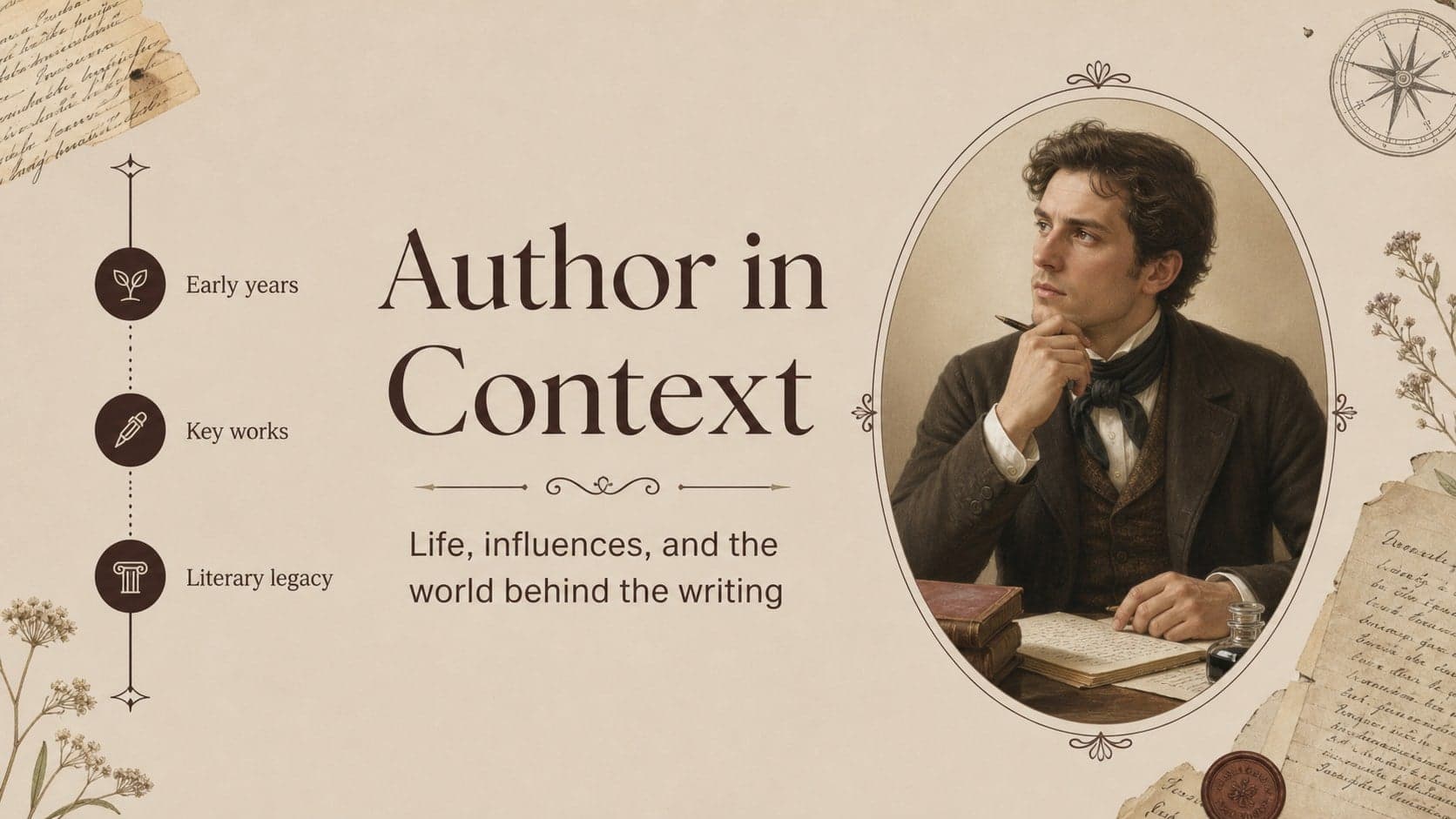 Vintage literature lesson presentation slide profiling an author with biographical highlights.