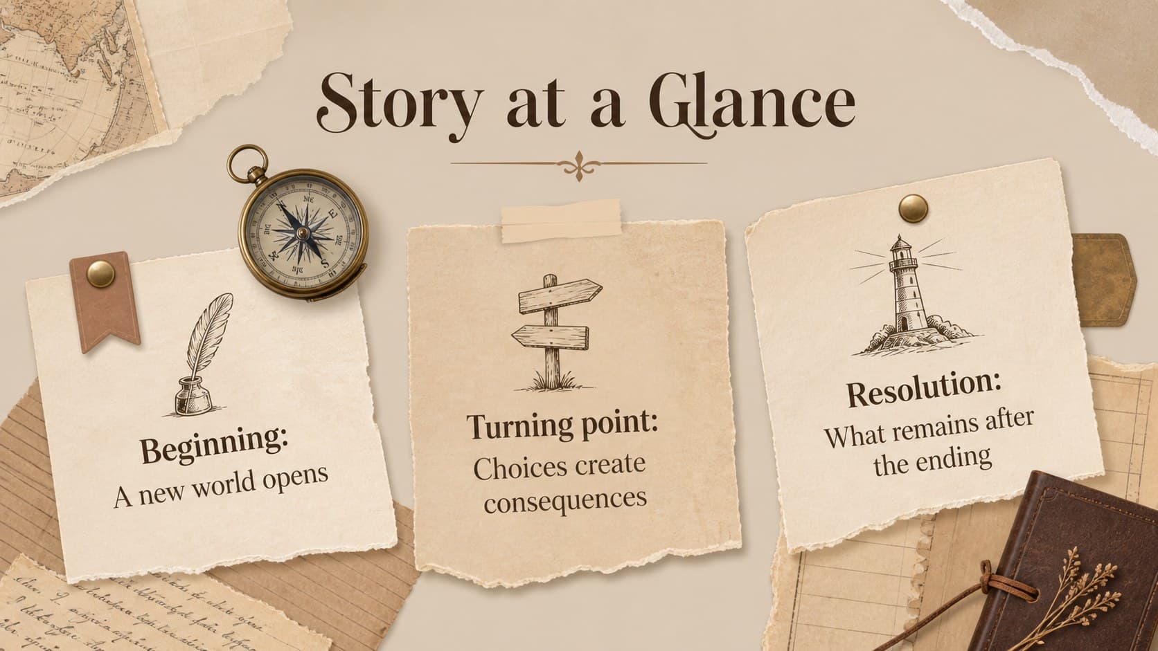 Novel discussion slides presenting a concise plot summary across three story stages.