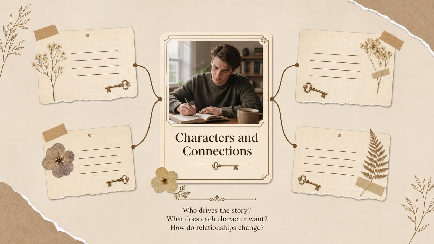 Character analysis presentation slide mapping relationships and motivations in a classic novel.
