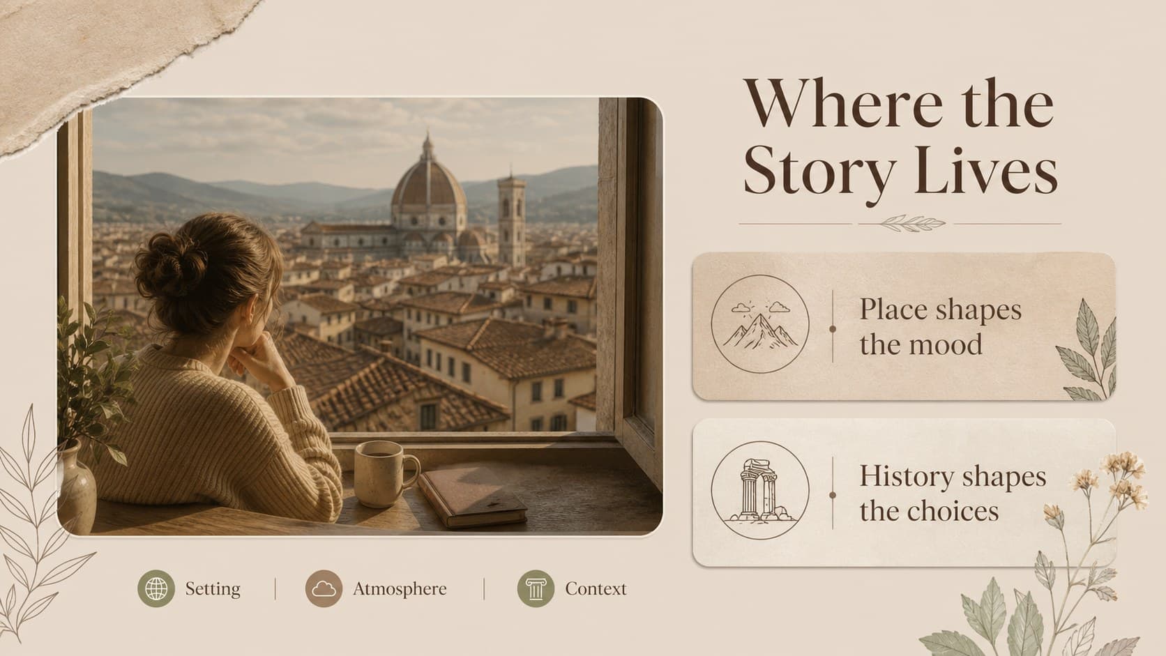 Literary analysis classroom deck slide exploring setting, atmosphere, and historical context.