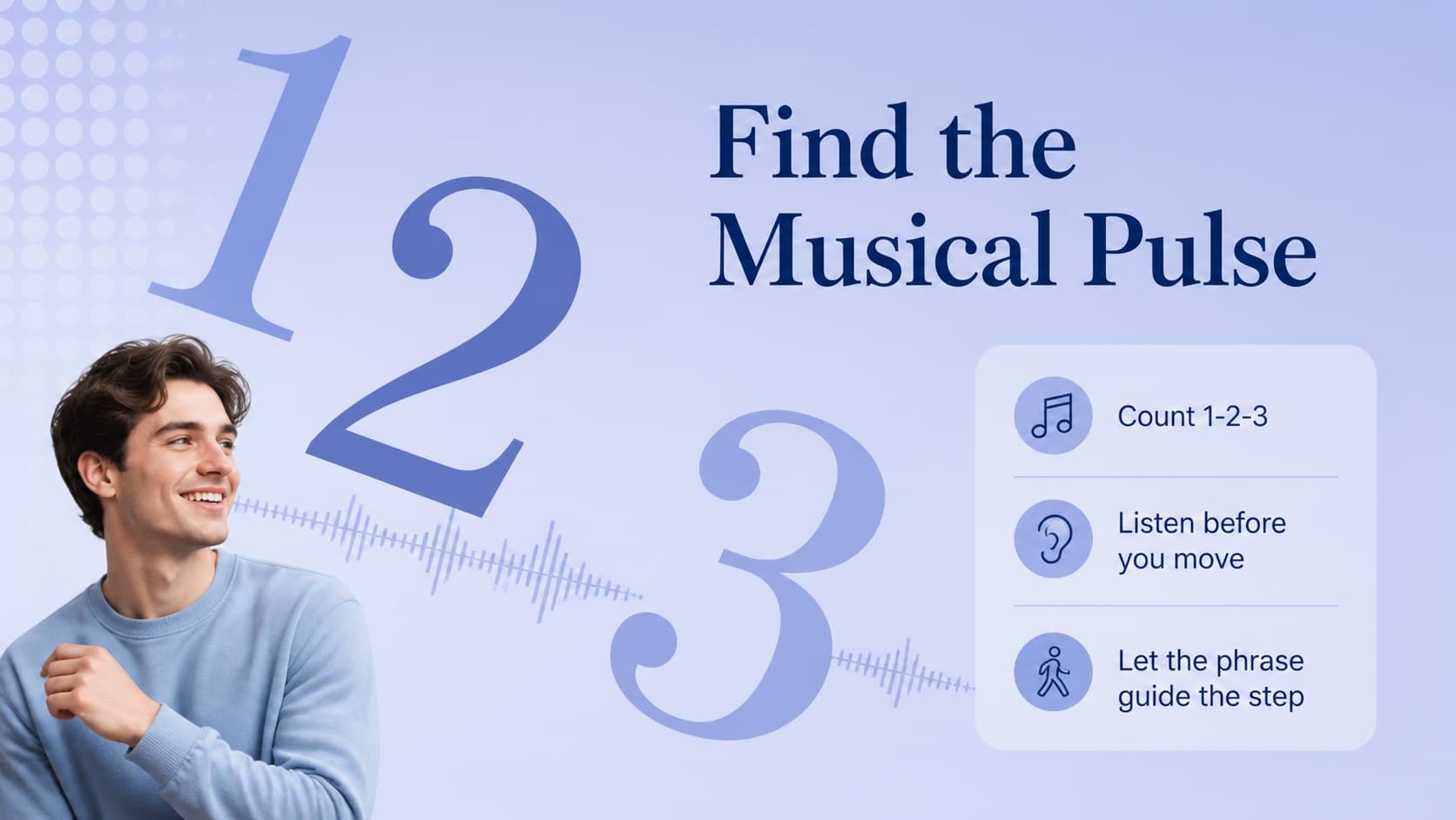 Rhythm lesson slide presenting musical counts and timing cues for partner dance students.