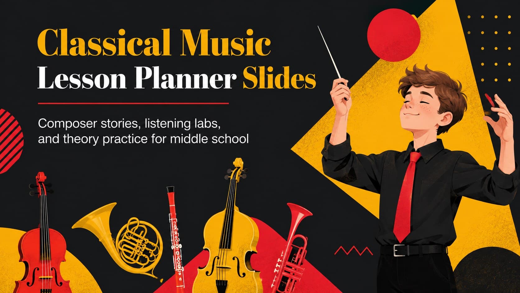 Bold cover slide for a classical music lesson planner with illustrated instruments and a black and yellow classroom palette.