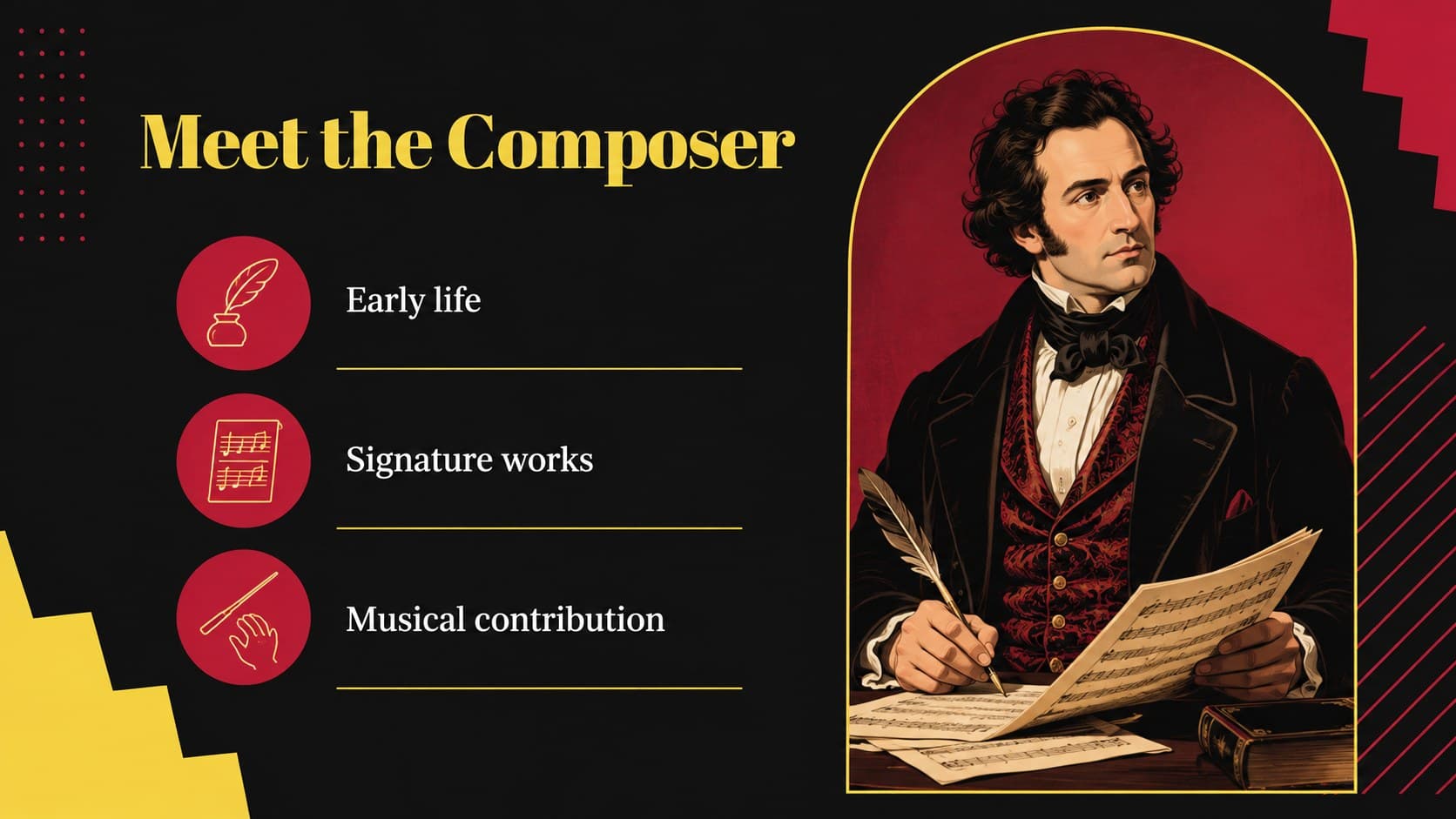 Composer profile layout introducing a musician through biography facts and a visual portrait area.