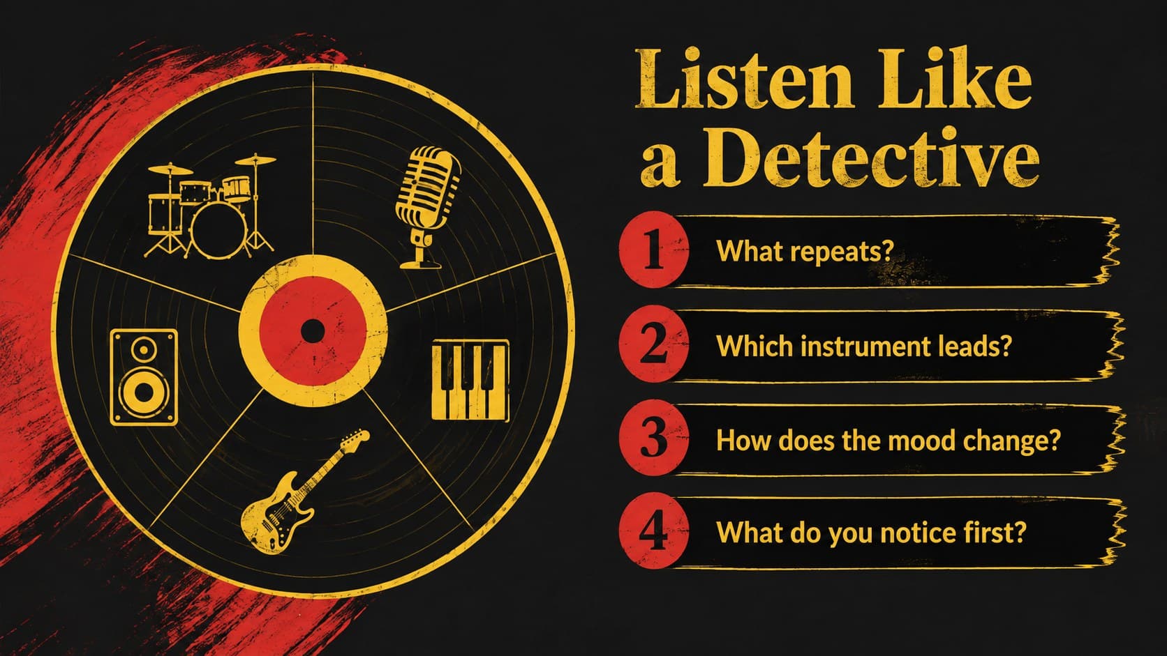 Guided listening activity slide with prompts for observing rhythm, instruments, mood, and musical form.