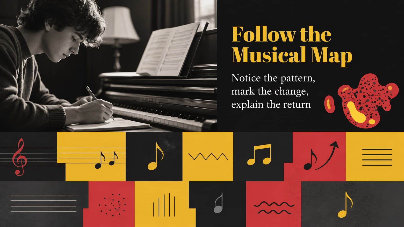Musical structure diagram explaining sections, repetition, and contrast in a classroom-ready format.