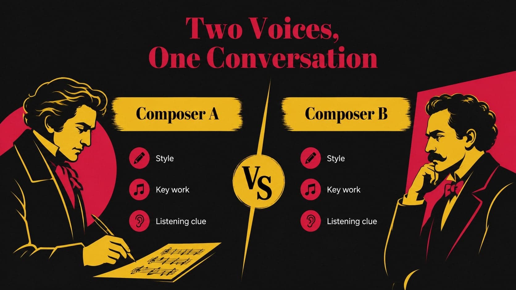 Composer comparison slide contrasting two musical voices with editable fact and listening columns.