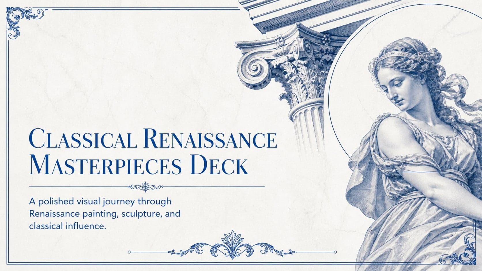 Cover of the Classical Renaissance Masterpieces Deck with blue classical artwork accents on a clean white background.
