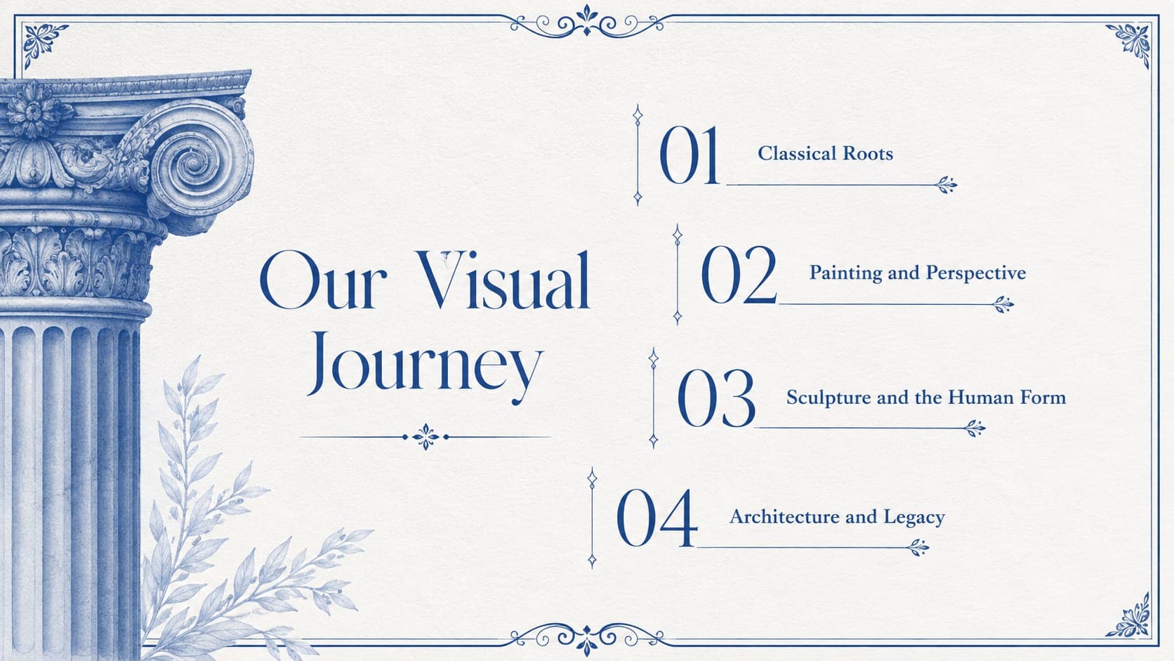Renaissance art history presentation overview with sections for painting, sculpture, architecture, and classical influence.