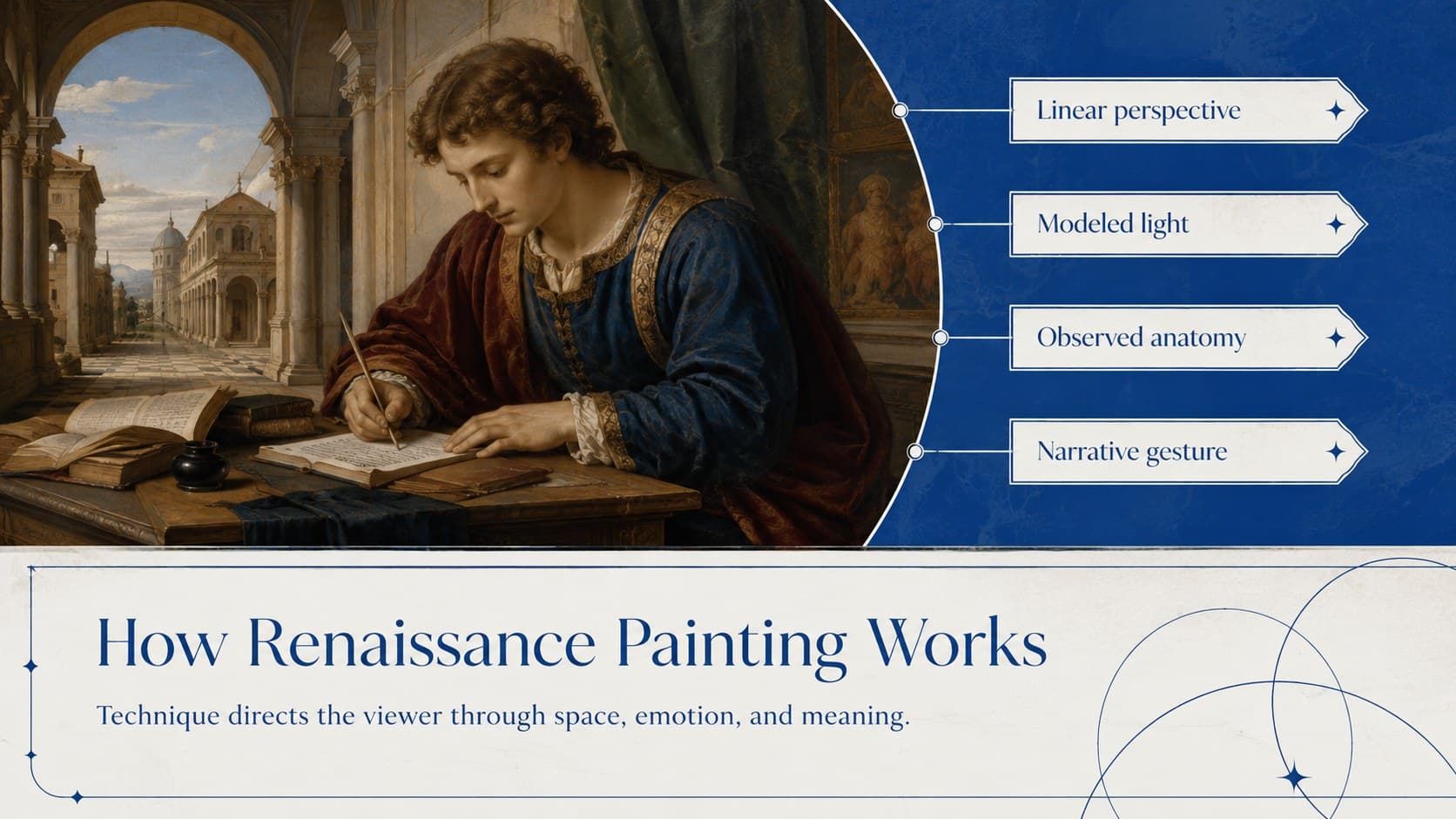 Renaissance painting analysis presentation slide about perspective, light, anatomy, and narrative.