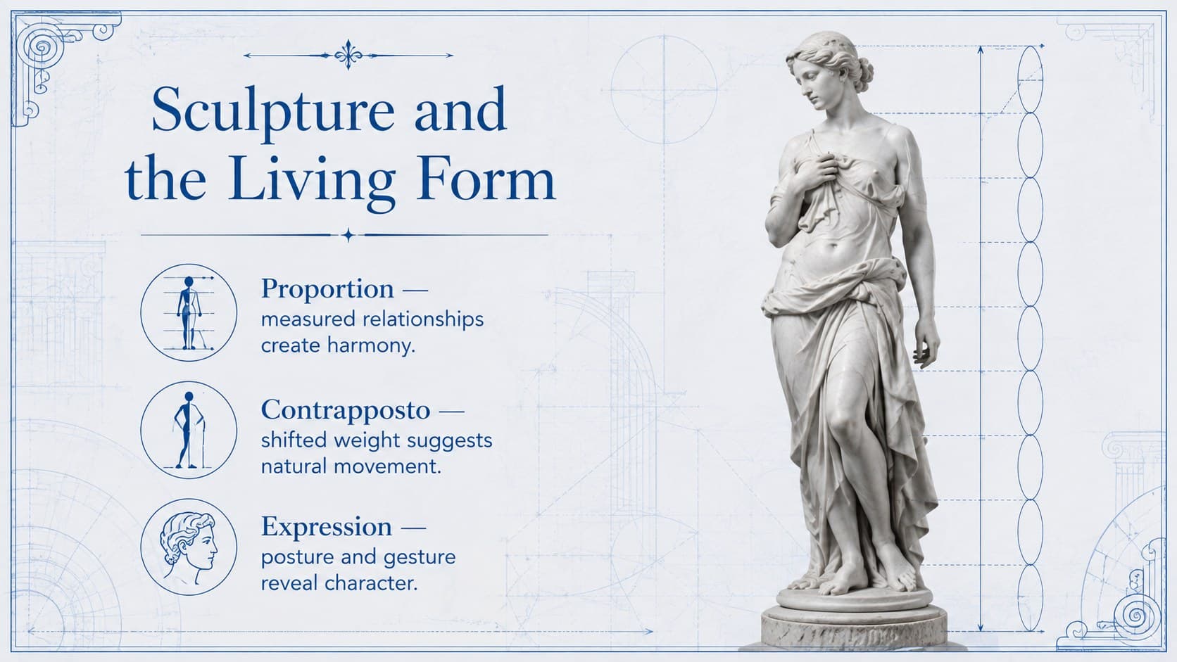 Classical sculpture lesson template showing proportion, contrapposto, expression, and movement.