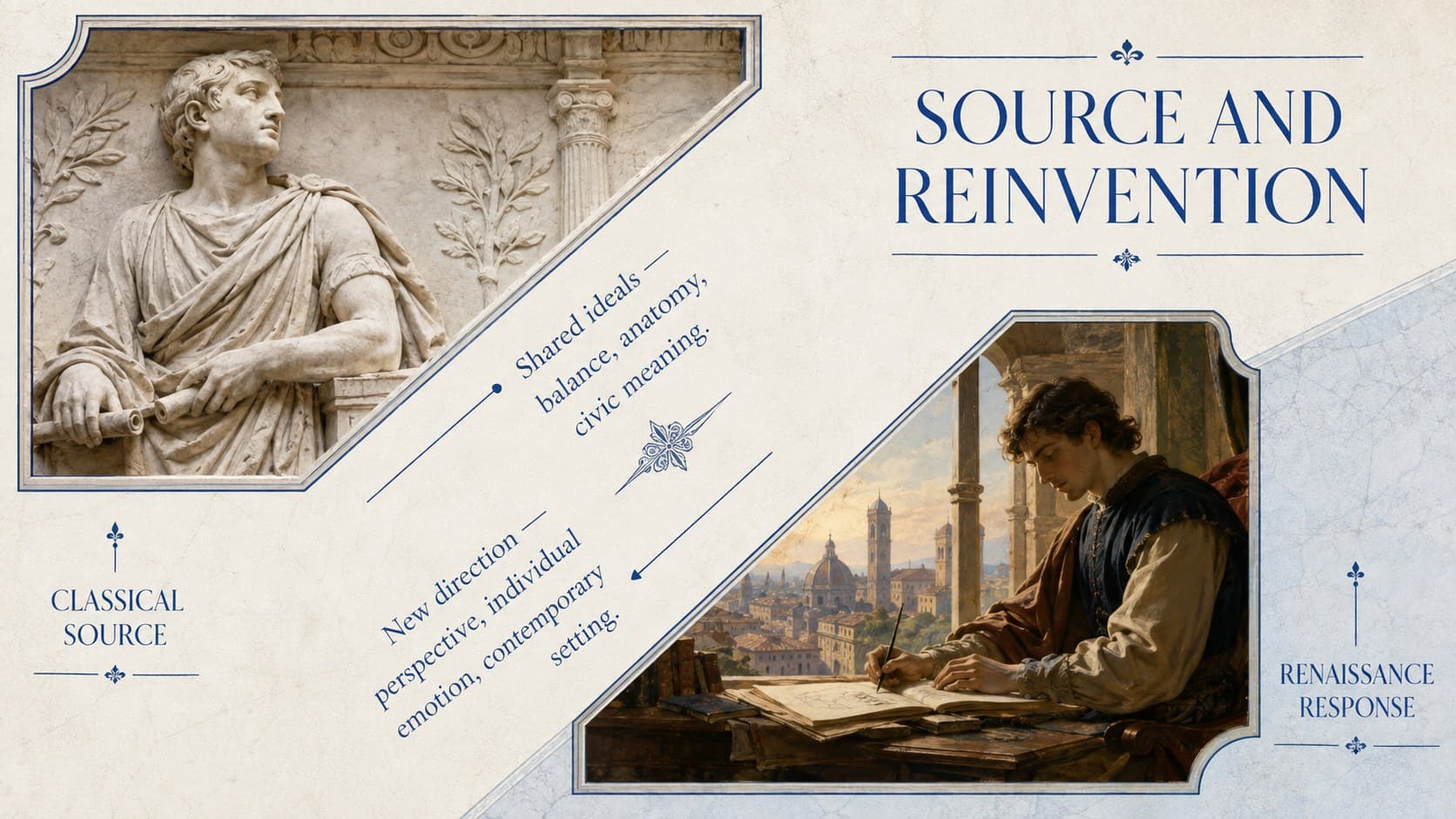 Renaissance masterpieces comparison slide contrasting classical sources with Renaissance reinterpretations.