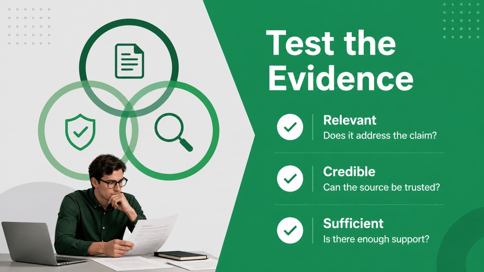 Evidence analysis slide comparing source relevance, credibility, and sufficiency.