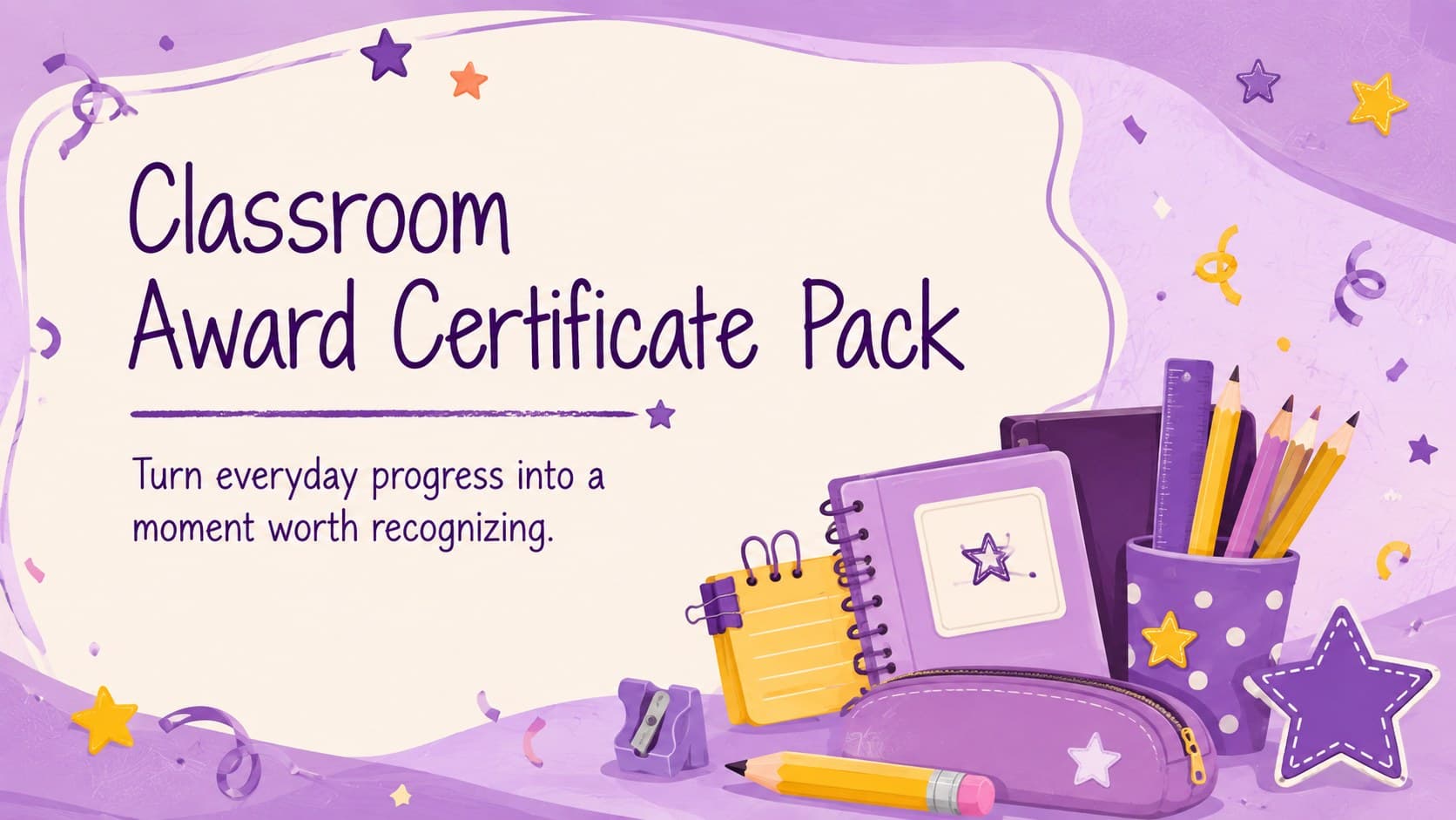 Purple illustrated cover for the Classroom Award Certificate Pack with playful school-themed decorations.