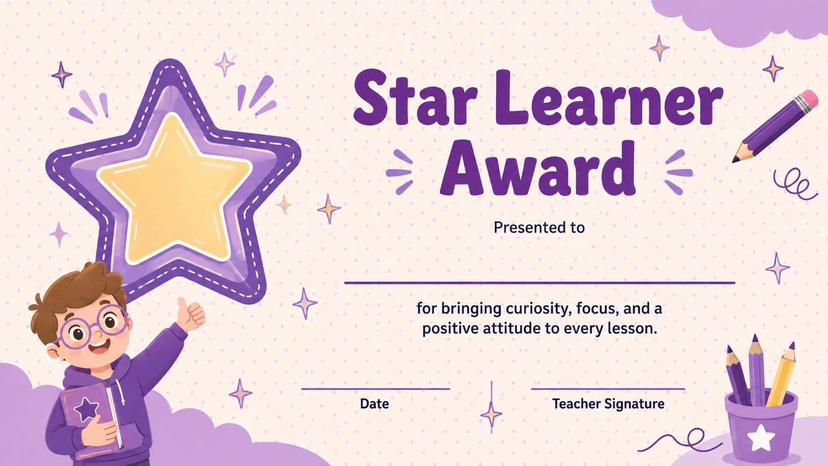 Editable purple Star Learner classroom award certificate with space for a student name and teacher signature.
