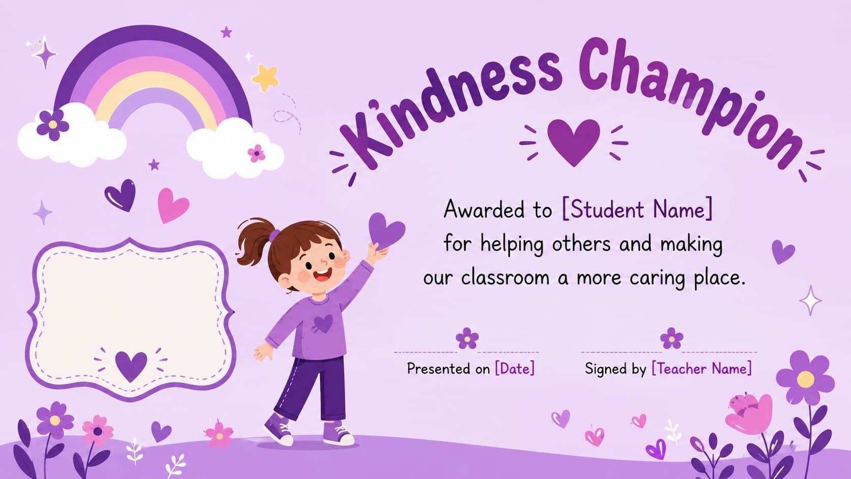 Kindness Champion student recognition certificate in a cute purple illustrated style.