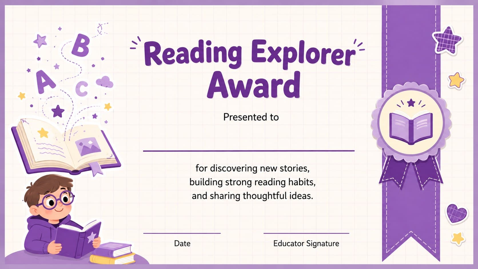 Reading Explorer printable classroom award with books, stars, and purple accents.