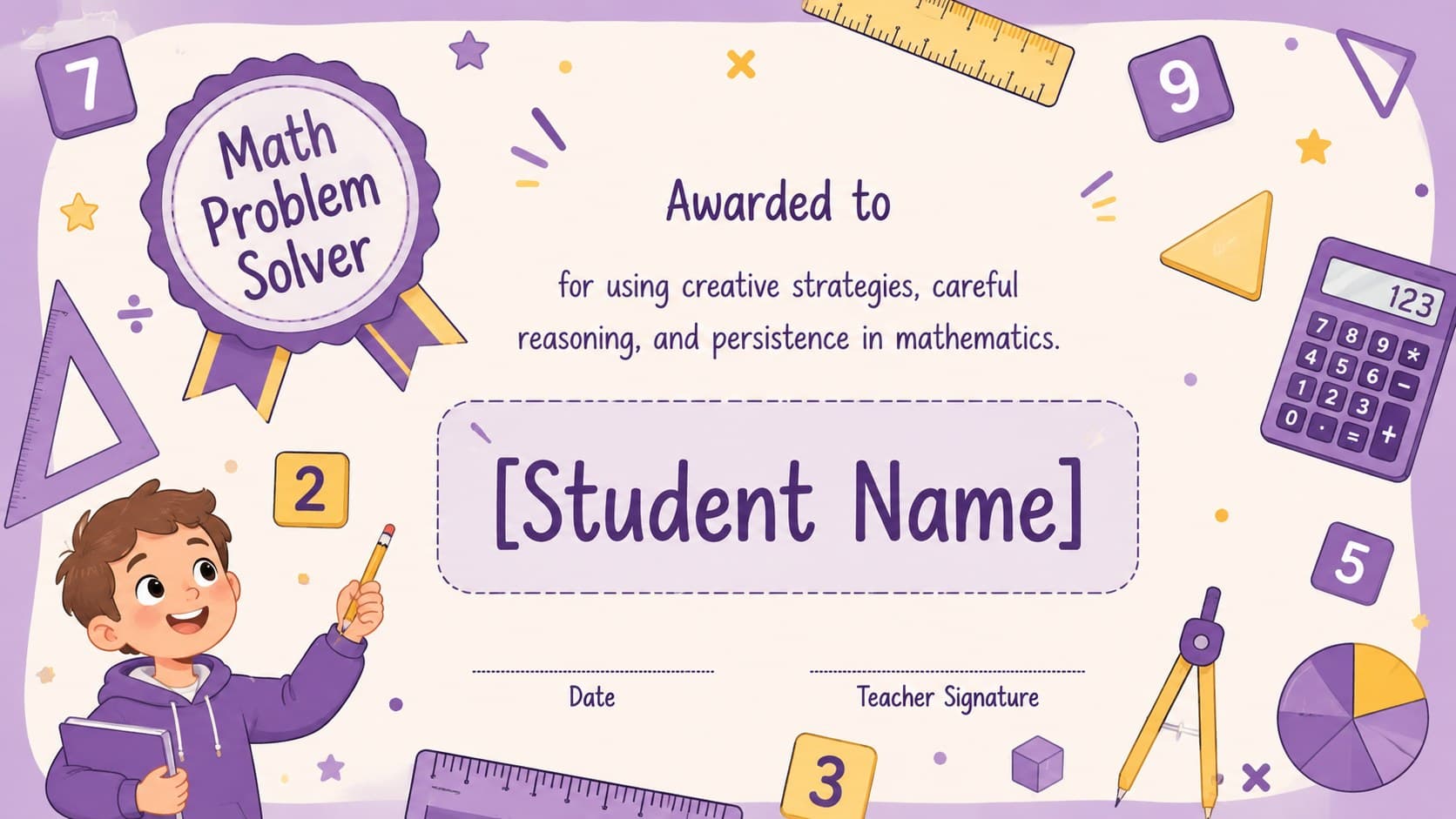Math Problem Solver academic recognition certificate with playful number graphics and a purple border.