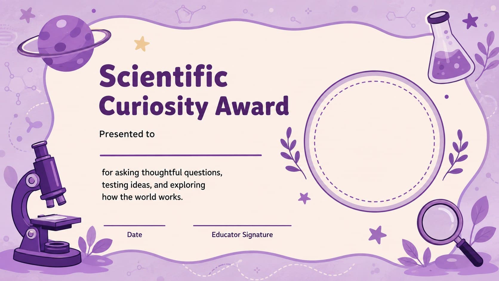 Scientific Curiosity classroom certificate featuring purple laboratory and discovery illustrations.