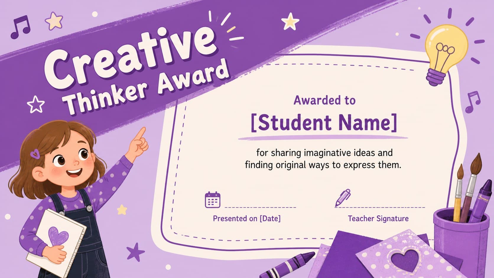 Creative Thinker student award certificate with colorful art tools and purple decorative shapes.