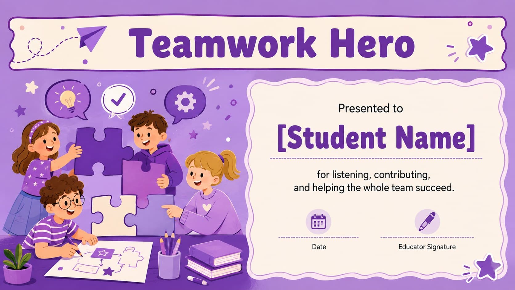 Teamwork Hero purple student certificate with friendly puzzle-piece and group activity illustrations.