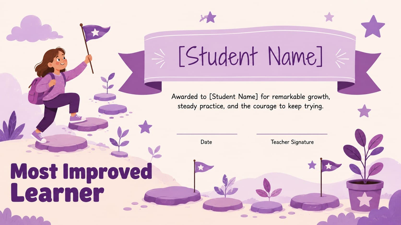 Most Improved Learner certificate with an upward progress path and cheerful purple school graphics.