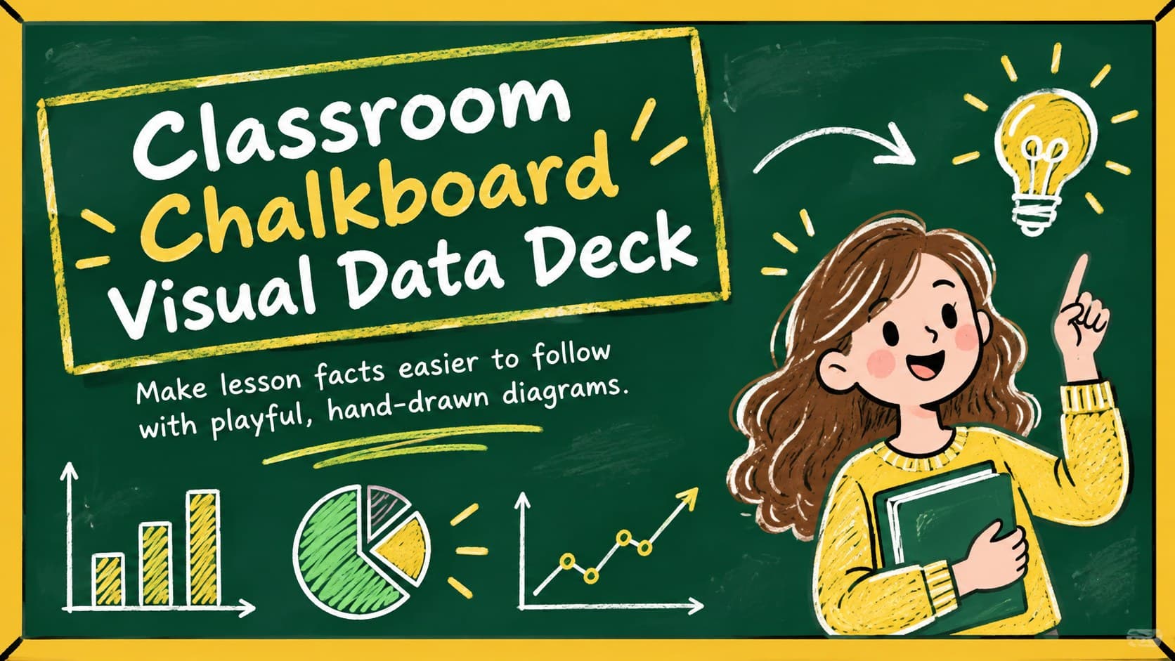 Cover of the Classroom Chalkboard Visual Data Deck with hand-drawn green and yellow education graphics.