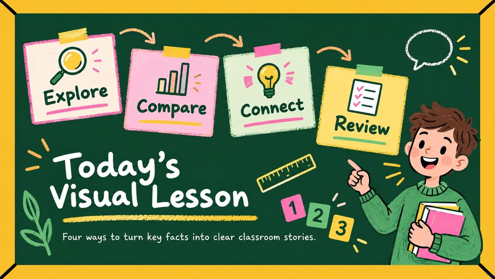 Chalkboard lesson overview slide with four illustrated sections for classroom infographic topics.