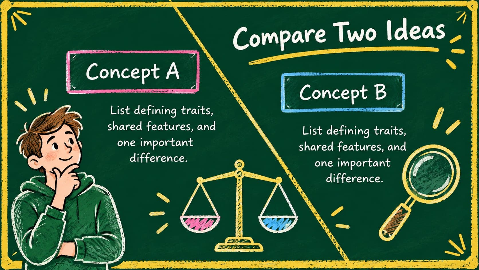 Green chalkboard comparison infographic contrasting two classroom concepts with yellow accents.