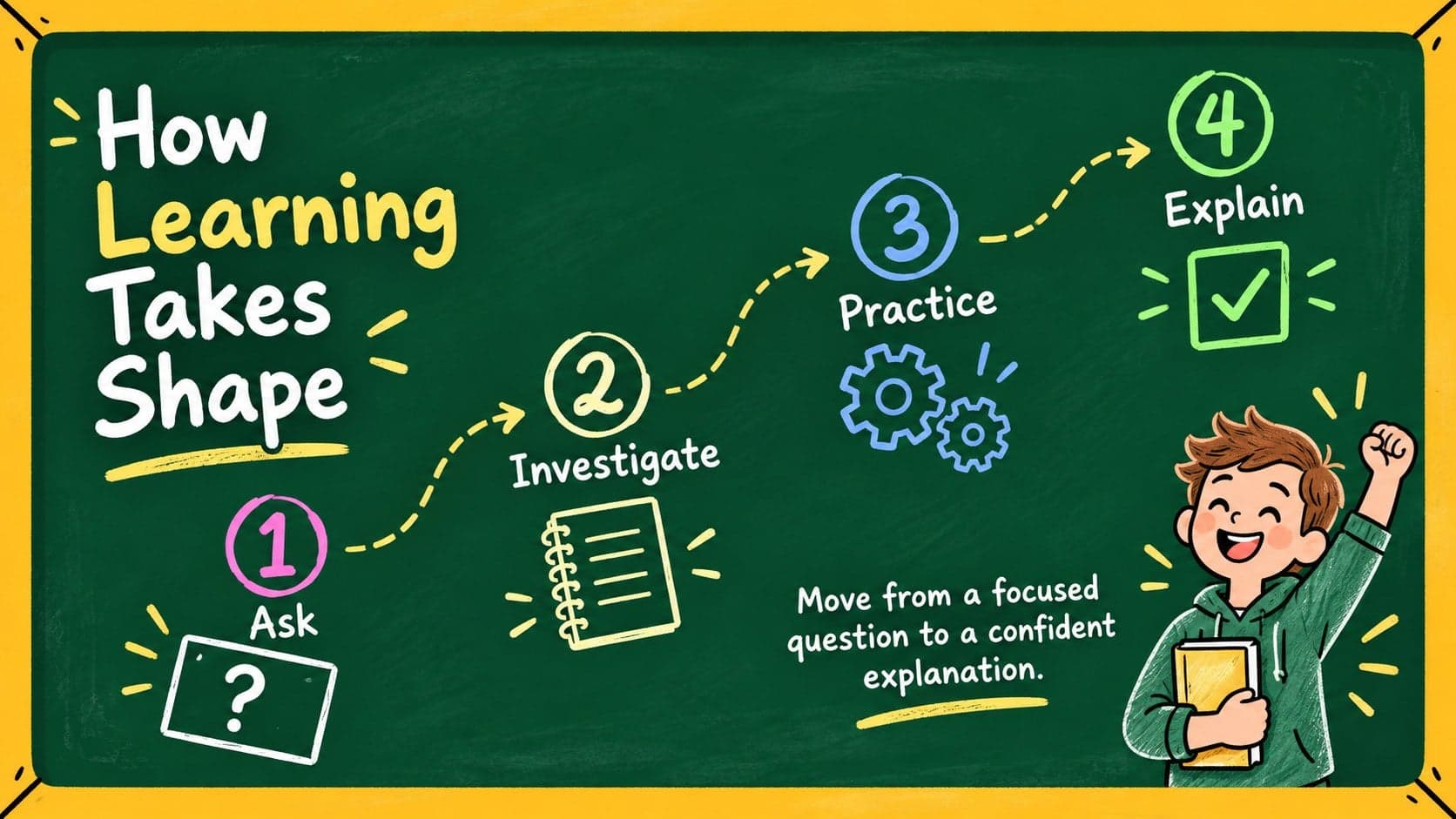 Hand-drawn classroom process infographic showing four connected learning steps on a chalkboard.