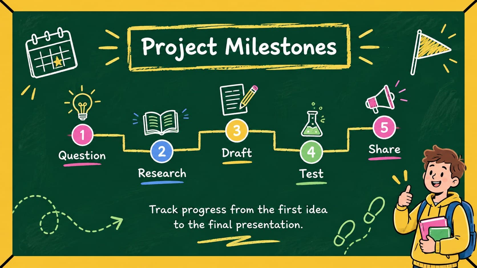 Chalkboard timeline slide showing five milestones in a classroom project.