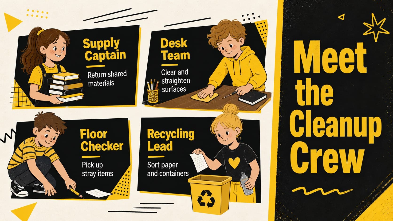 Student classroom jobs presentation slide showing four cleanup crew roles in a bold illustrated grid.