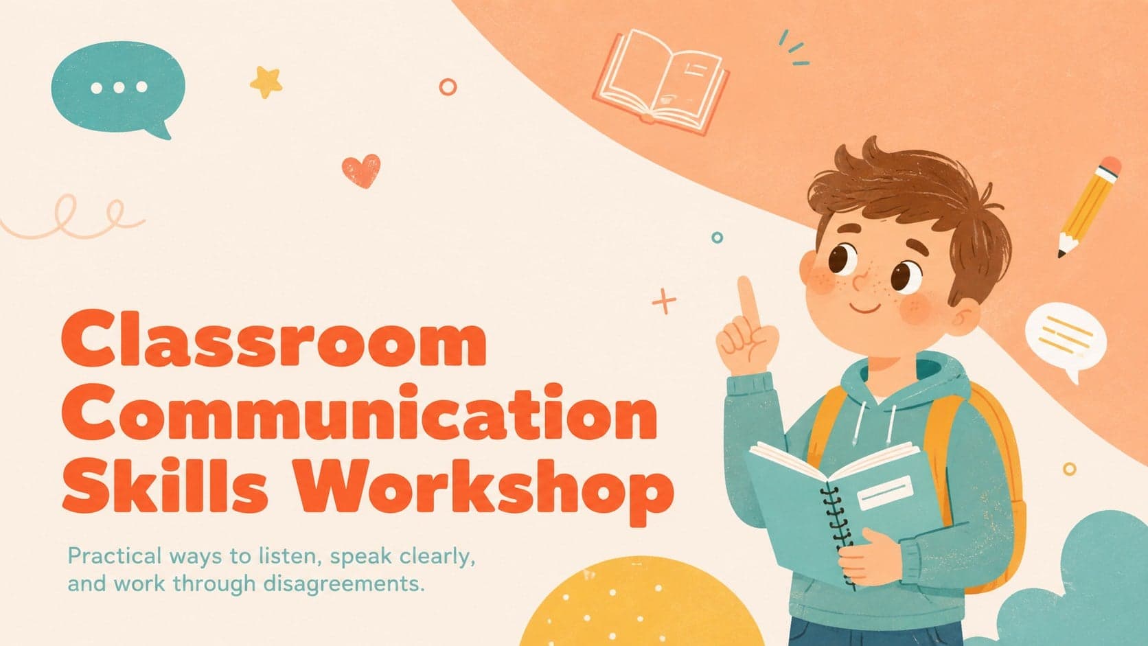 Illustrated cover for a Classroom Communication Skills Workshop in a warm orange and pastel classroom style.