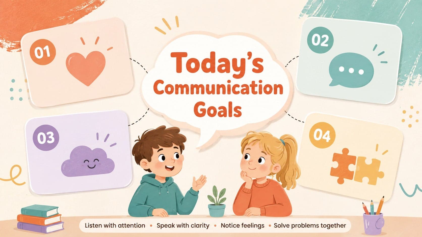 Workshop goals slide outlining listening, clear speaking, empathy, and teamwork skills for students.