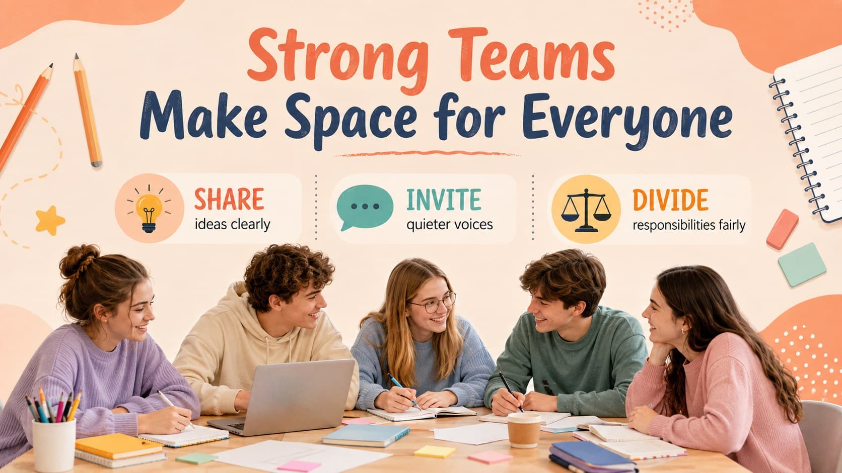 Classroom teamwork discussion slide with behaviors for sharing ideas and responsibilities.