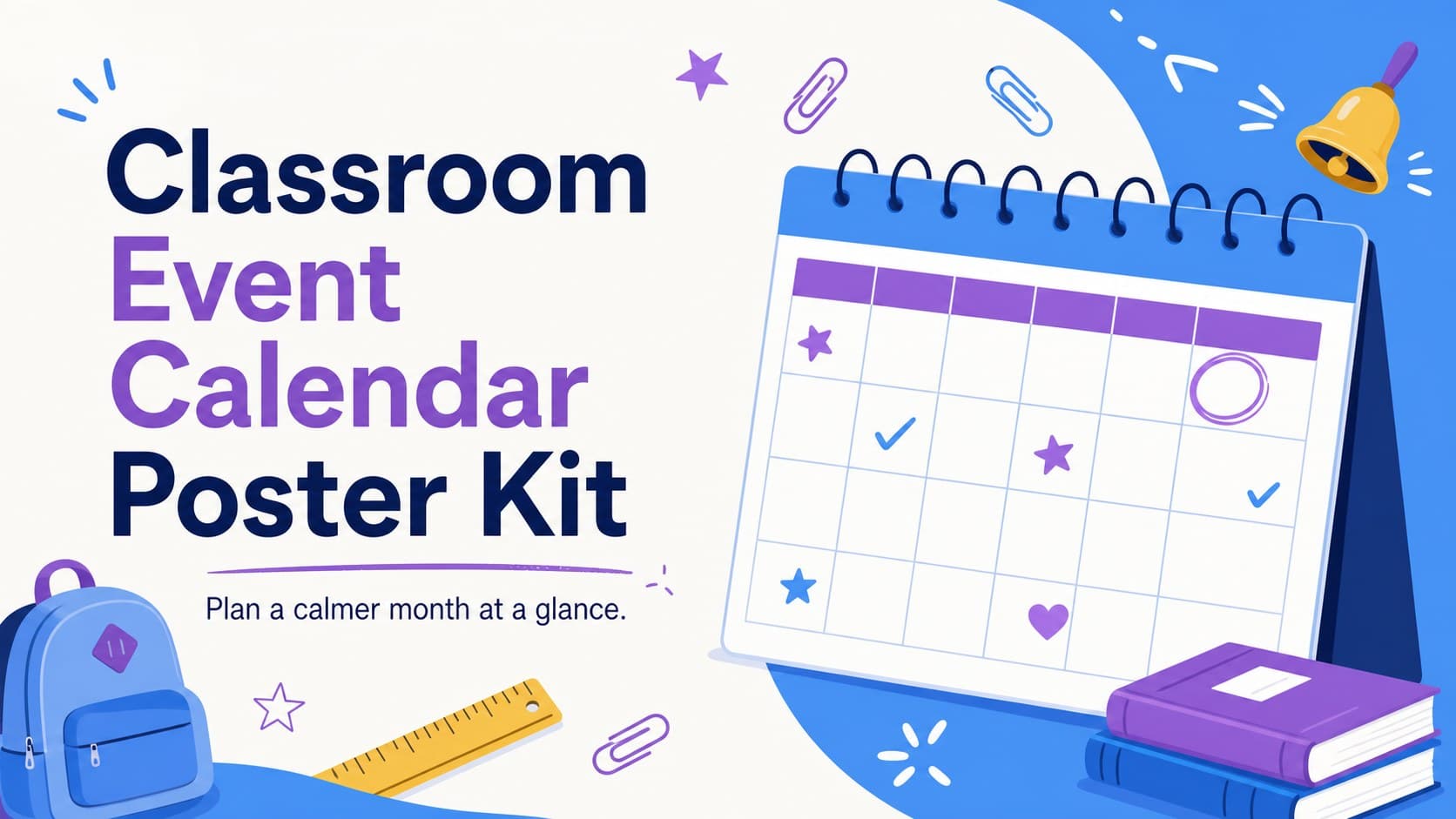 Cover of the Classroom Event Calendar Poster Kit with blue and purple school illustrations and a cheerful monthly planning theme.