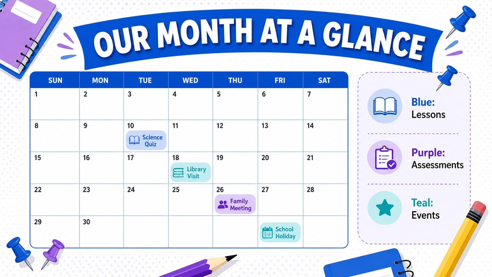 Editable classroom calendar poster showing a color-coded monthly schedule for lessons, tests, meetings, and school events.