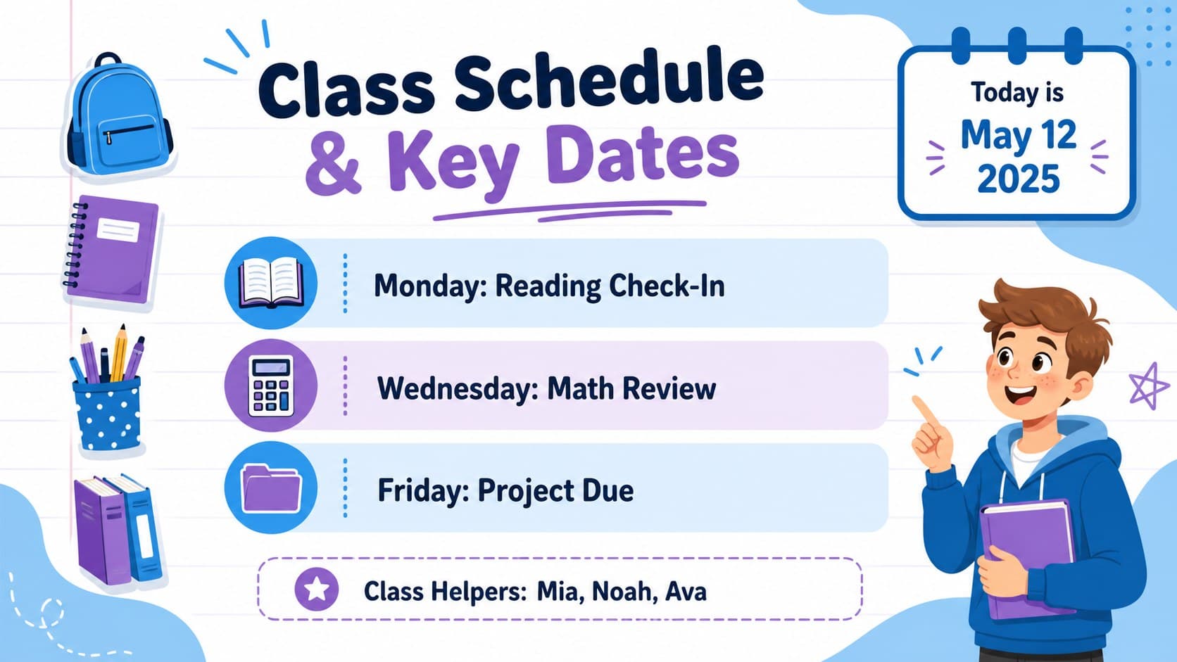 Teacher classroom schedule poster template with weekly duties, assessment reminders, and colorful subject labels.