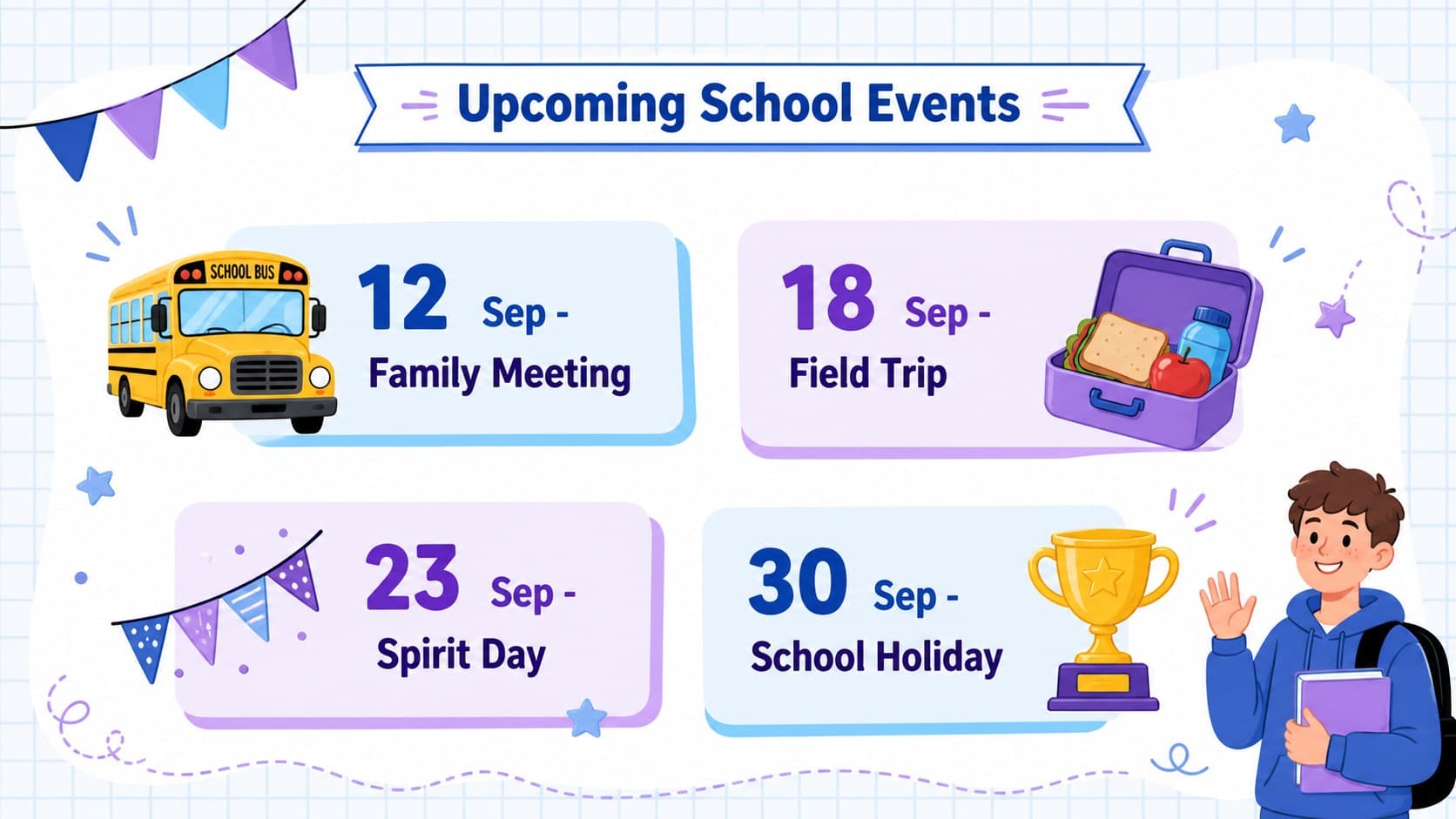 School event calendar slide featuring upcoming celebrations, family meetings, a field trip, and a holiday reminder.