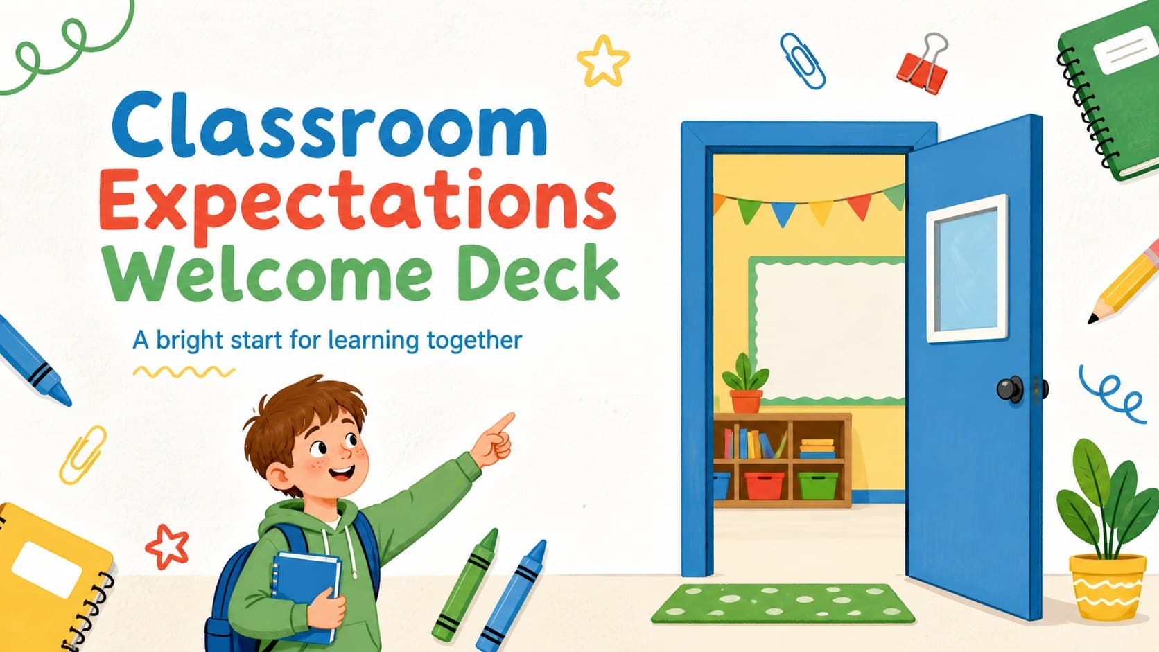 Colorful welcome cover introducing a classroom expectations slides deck for a positive first day.