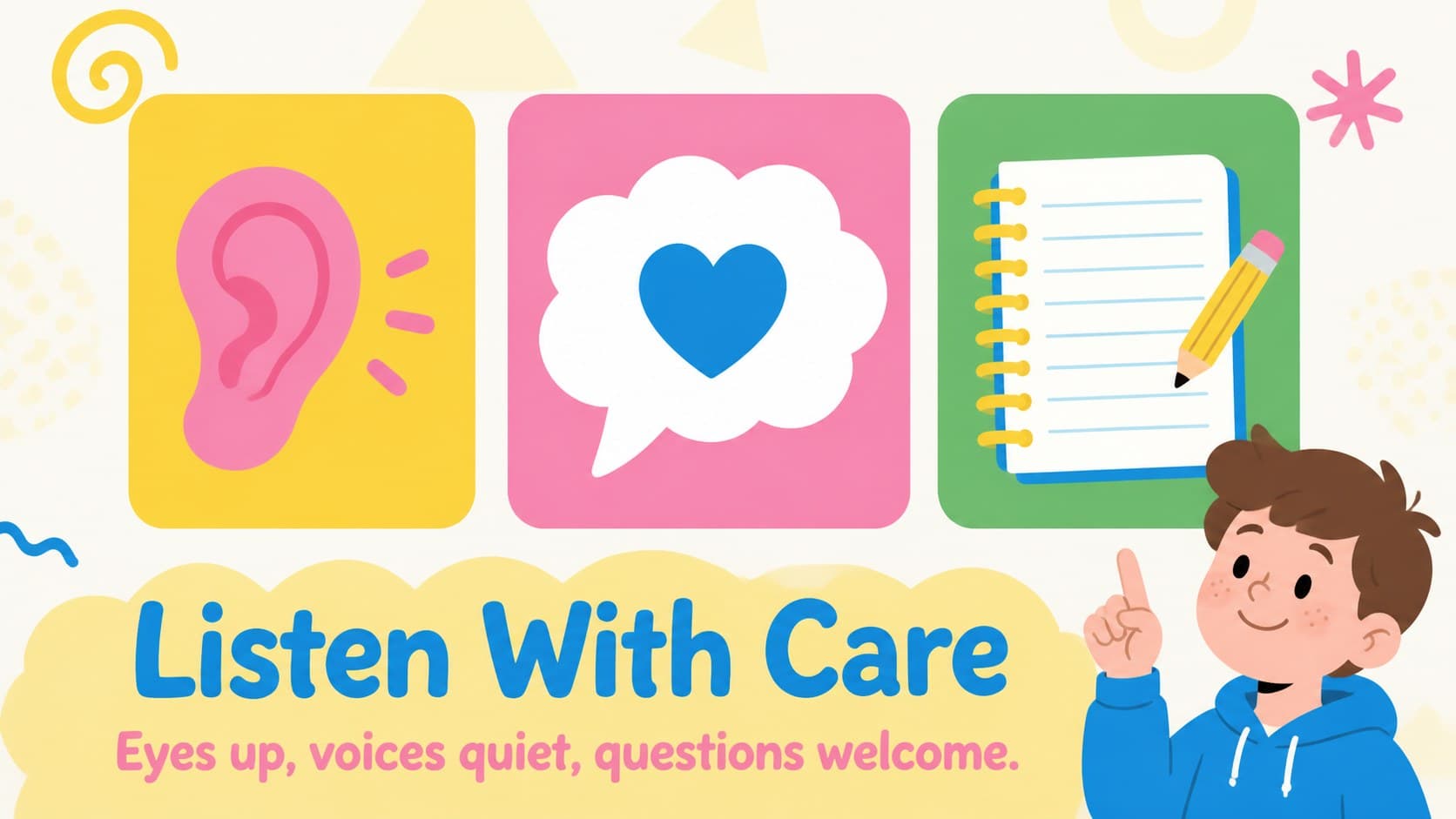 Bright student guidance slide outlining listening habits with playful school doodles.