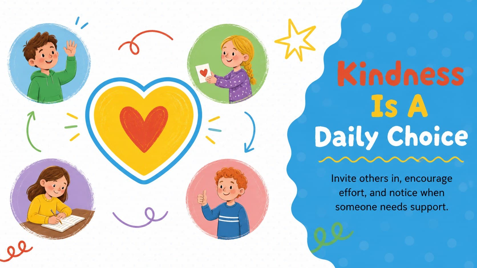 Friendly positive behavior slide showing kindness choices for a classroom community.