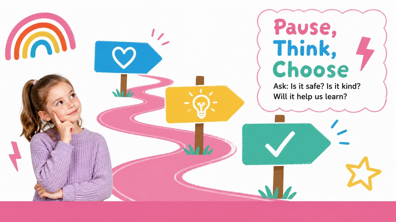 Student expectations slide featuring a colorful decision path for making positive choices.