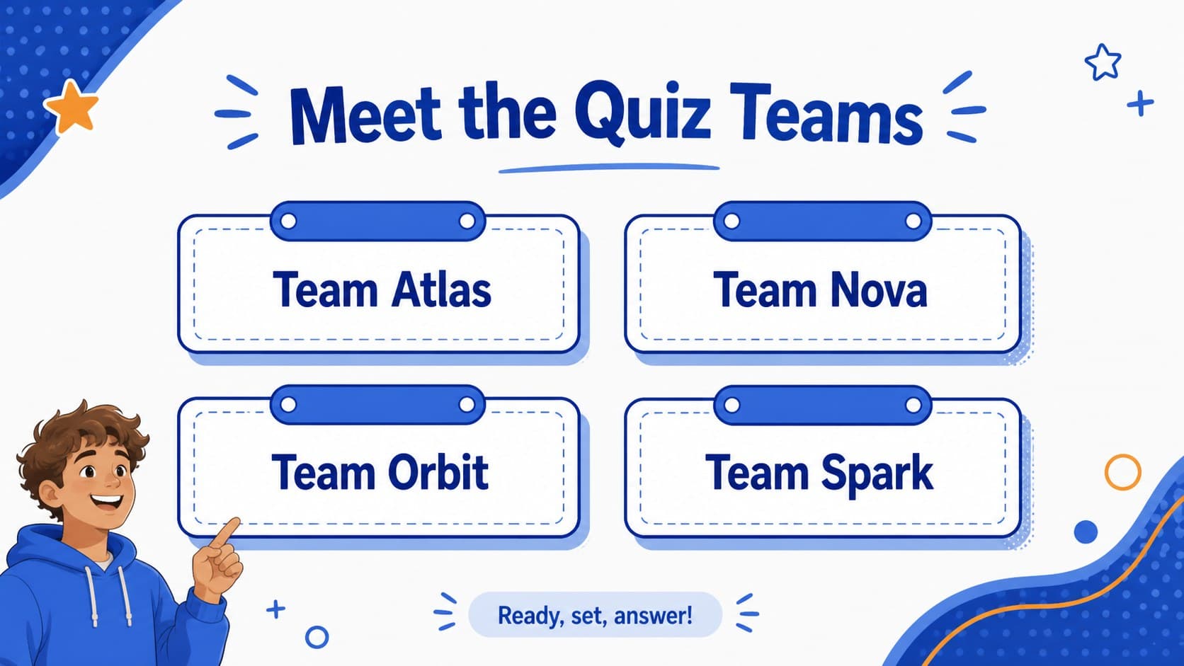 Editable blue team name tag layout showing sample group labels for a classroom quiz competition.