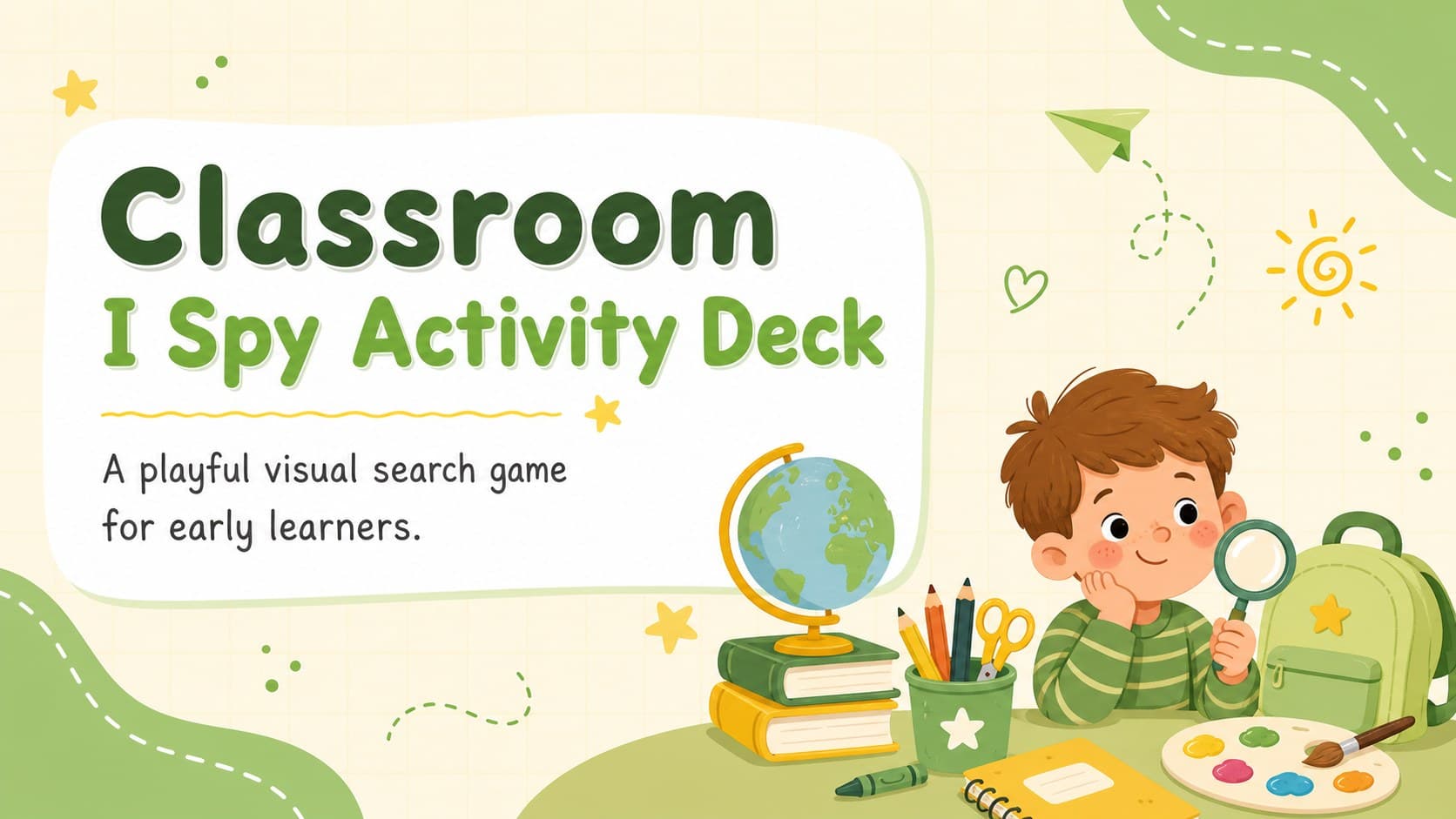 Cover of a green and yellow Classroom I Spy Activity Deck with playful search-and-find illustrations for early learners.