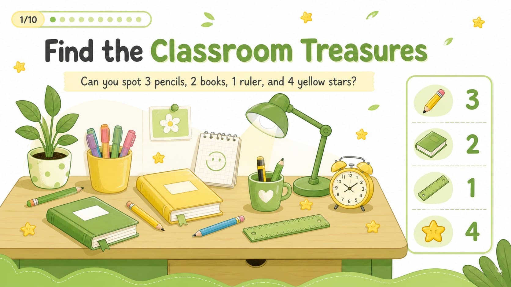 Illustrated I Spy game slide asking kindergarten learners to find colorful classroom objects.